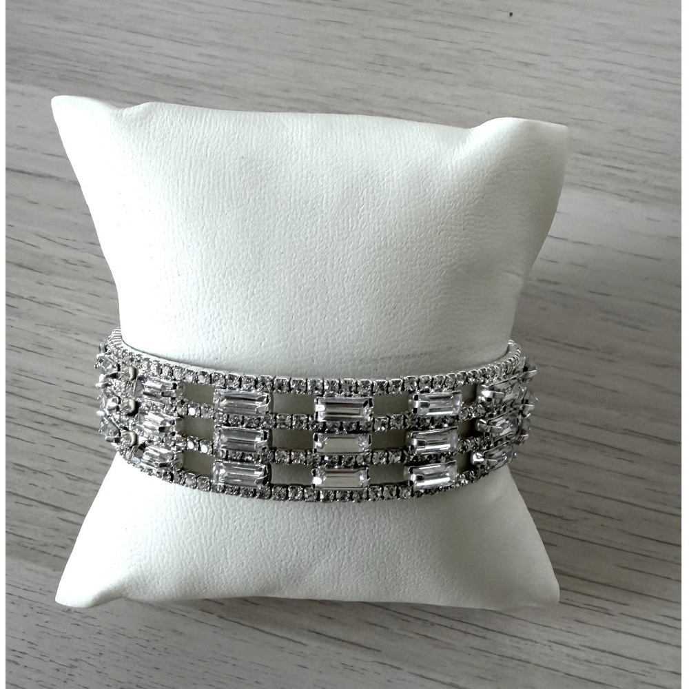 Silver Tone Crystal Baguette Multi Row Cuff Bracelet Statement Bridal Jewelry